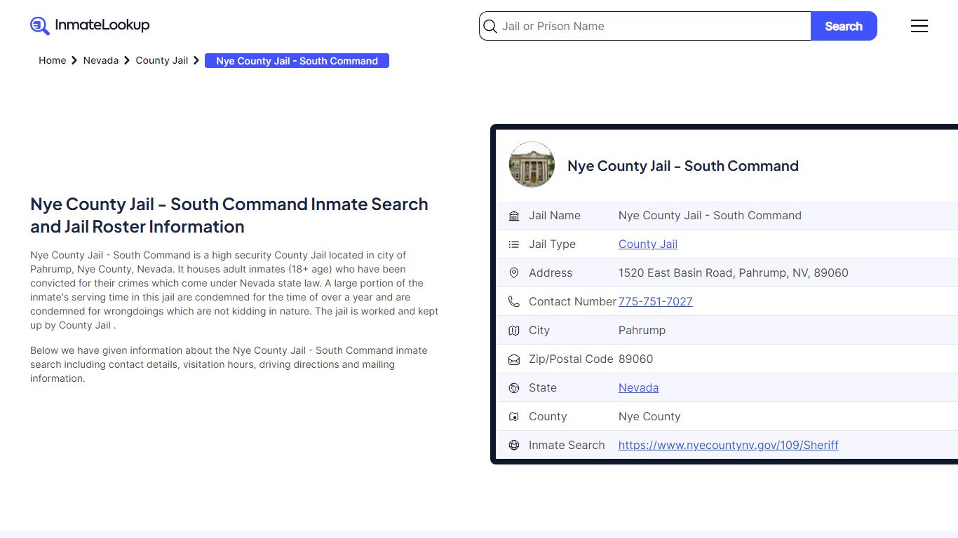 Nye County Jail - South Command (NV) Inmate Search and Jail Roster ...